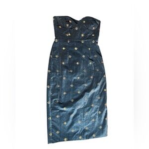 Misa Los Angeles Strapless Blue Dress with Gold Evil Eye Velvet Sz XS NWOT